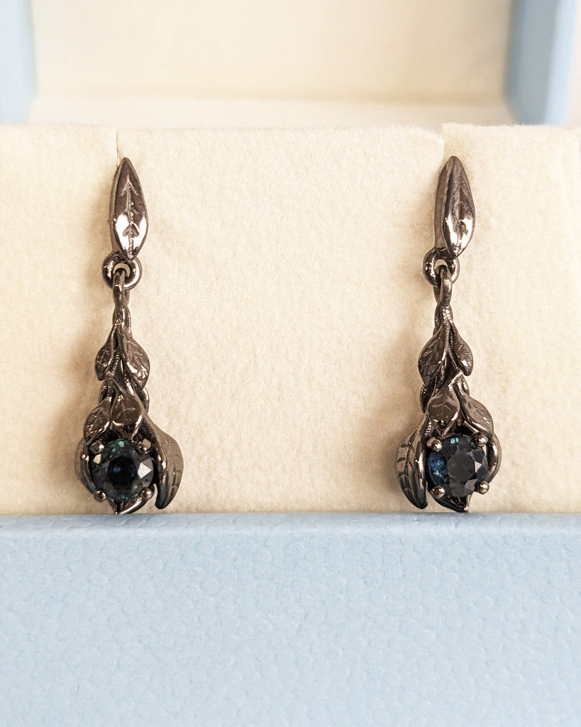 14K Black Gold Peacock Sapphire Dangle Earrings | Black Goth Leaf Dangle Earrings | Solid Gold Stud | Push Back Earring | Nature Inspired