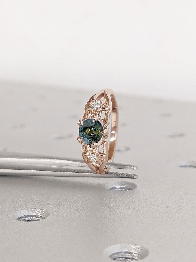 Round Teal Sapphire Flower Three Stone Engagement Ring | Gorgeous Sapphire Wedding Ring | Unique Vintage Engagement Ring, Anniversary Gifts