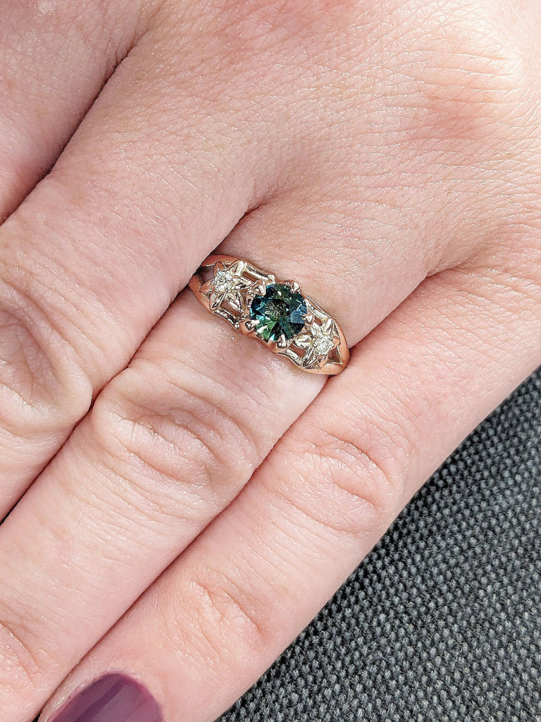 Blue Green Natural Sapphire Starburst Proposal Ring for Her | 14K 18K Rose Gold Nature Inspired Engagement Ring | 3 Stone Trilogy Ring