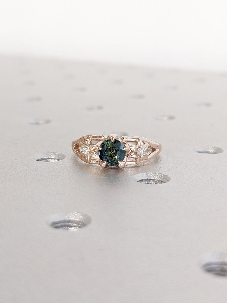 Round Teal Sapphire Flower Three Stone Engagement Ring | Gorgeous Sapphire Wedding Ring | Unique Vintage Engagement Ring, Anniversary Gifts