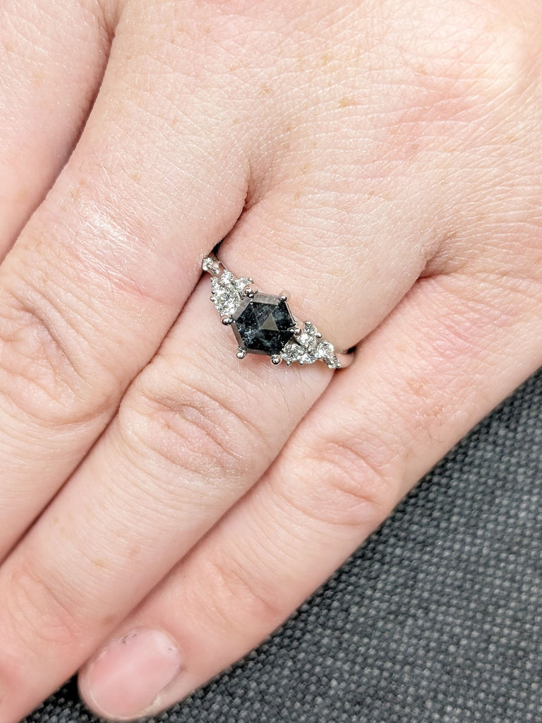 Hexagon cut Natural Grey Salt and Pepper Galaxy Diamond | Engagement Ring | Cocktail Ring | 6 Prongs Ring | Moissanite Cluster Simple Promise Ring