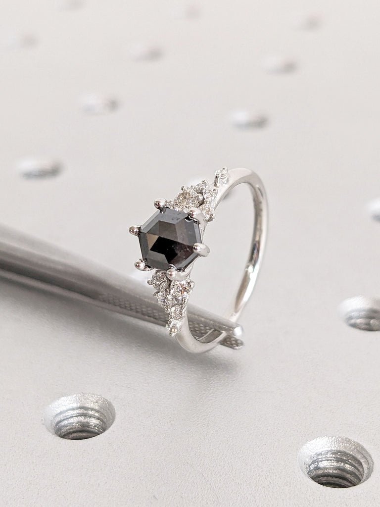 1CT Salt and Pepper Grey Diamond Platinum Engagement Ring | Unique Snowdrift 6 Prong Diamond Cluster Promise Ring | Wedding Ring for Her