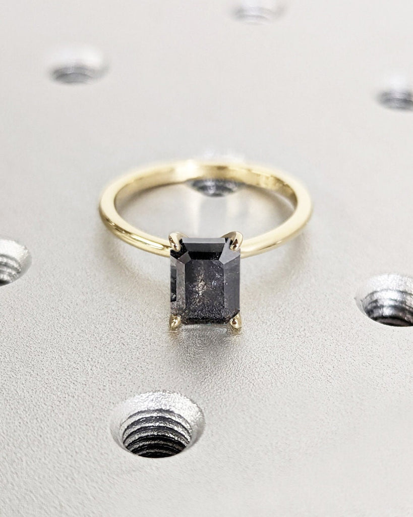 Solitaire Emerald Cut Grey Salt and Pepper Diamond Ring | 4 Prong Emerald Cut Ring | Solid Gold Dainty Engagement Ring | Unique Promise Ring