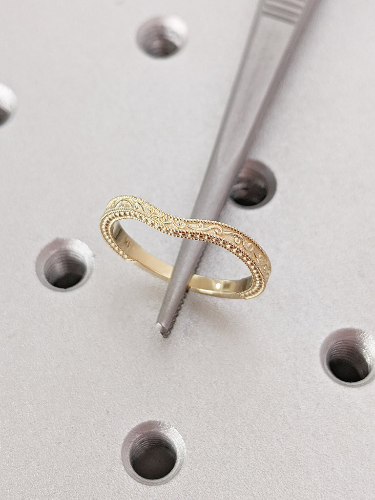 14K 18K Yellow Gold Filigree Milgrain Edge Wedding Band | Matching Band Stacking Ring | Anniversary Ring | Retro Vintage Floral Design Ring