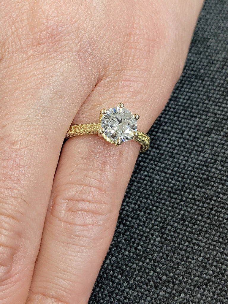 Antique Moissanite 14K Yellow Gold Proposal Ring | Flowing Vine Leaf Inspired Wedding Band