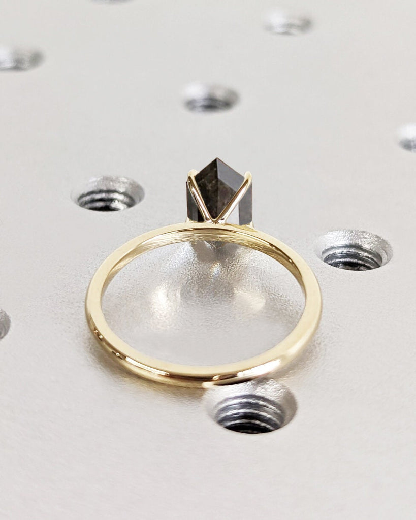 Hexagon Cut Salt and Pepper Diamond Ring | Dainty Gold Ring | Geometric Ring | Handmade 4 Prong Solitaire | Unique Engagement Ring For Women