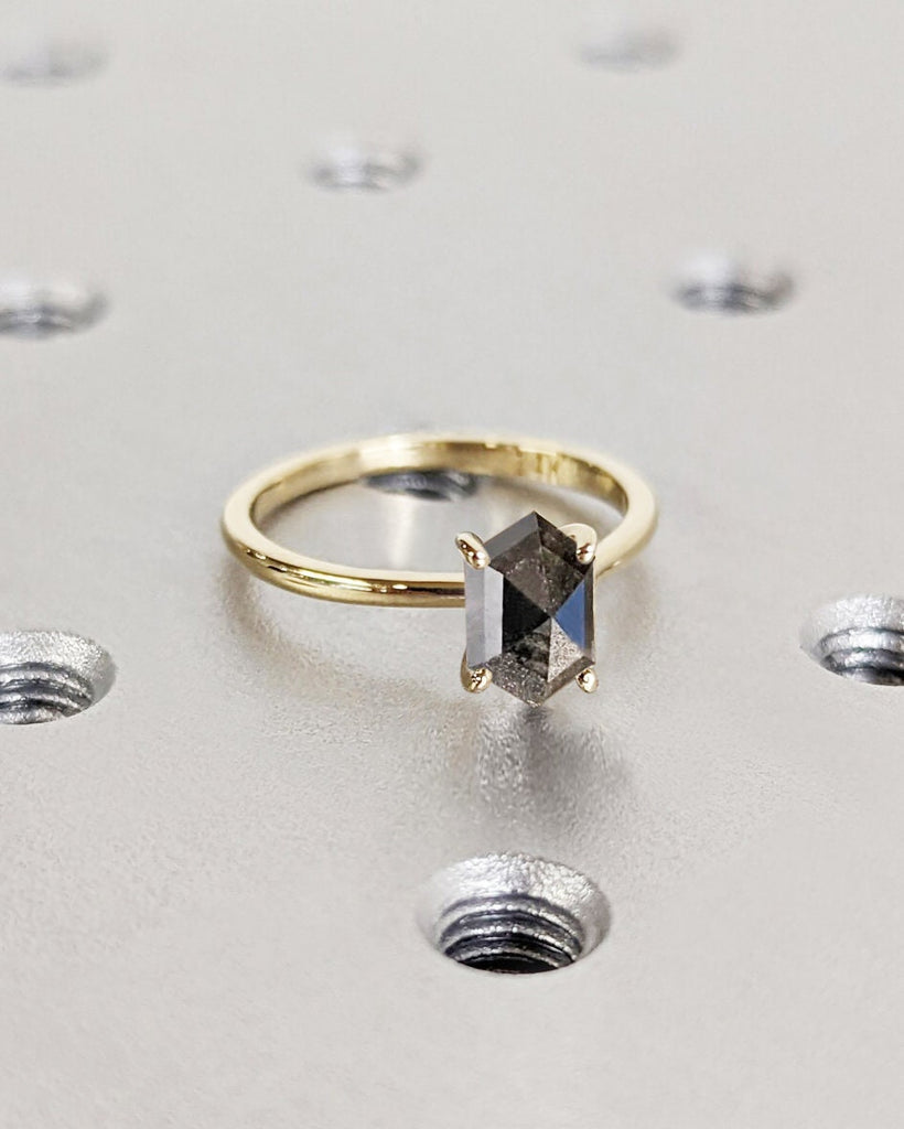 Hexagon Cut Salt and Pepper Diamond Ring | Dainty Gold Ring | Geometric Ring | Handmade 4 Prong Solitaire | Unique Engagement Ring For Women