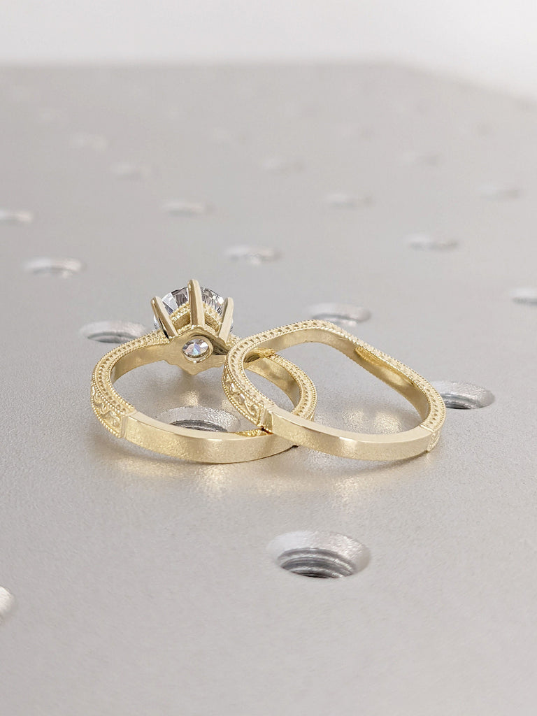 Vintage Moissanite Engagement Ring Set, Round Cut Moissanite ring, Solitaire Ring, Real Gold Bridal Ring, Filigree Wedding Band, Unique Ring