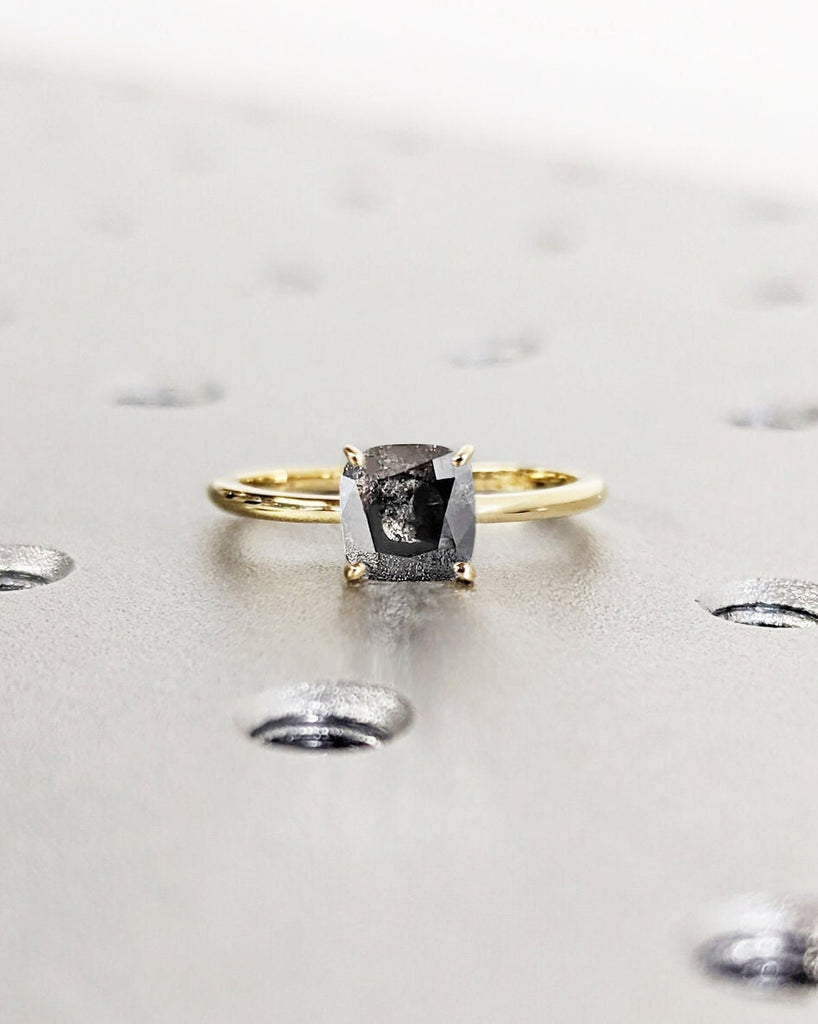 Cushion Cut Salt and Pepper Diamond Ring | 14K Gold Minimalist Cushion Ring | Dainty Cushion Ring | 4 Prong Solitaire | Unique Proposal Ring