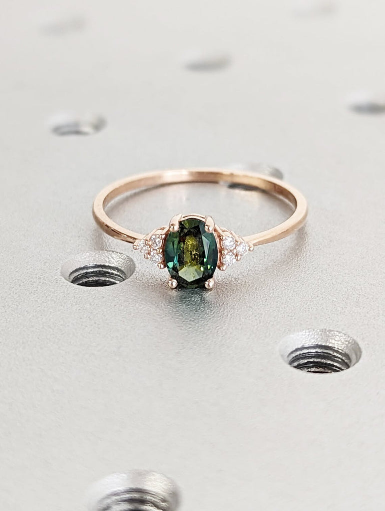 Green Blue Sapphire Engagement Ring | Art Deco Oval Sapphire Promise Ring | Unique Moissanite Cluster Ring | 14K 18K Rose Gold Bridal Ring