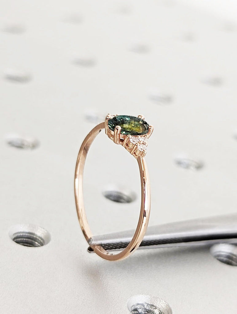 Green Blue Sapphire Engagement Ring | Art Deco Oval Sapphire Promise Ring | Unique Moissanite Cluster Ring | 14K 18K Rose Gold Bridal Ring