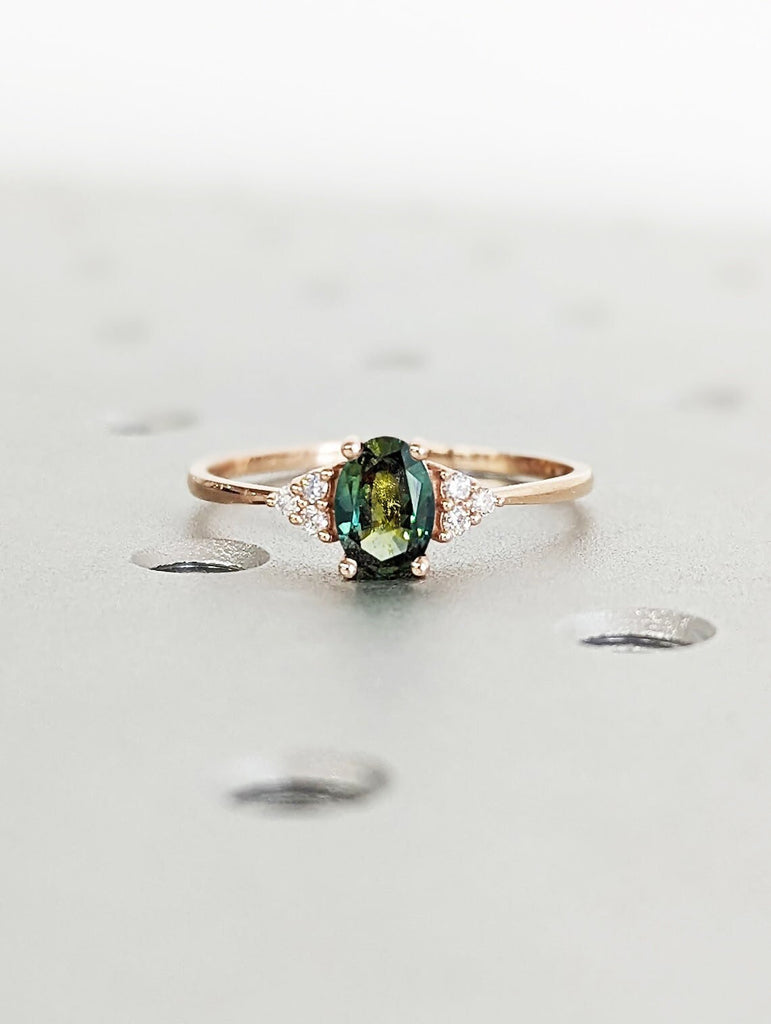 Vintage Teal Sapphire Engagement Ring Oval Cut | Antique Rose Gold Peacock Sapphire Wedding Ring | Round Diamond Cluster Anniversary Ring