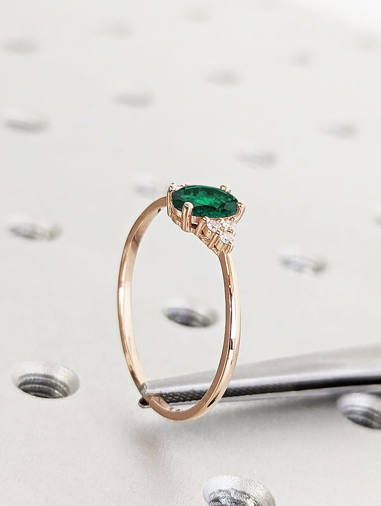 Green Lab Emerald Engagement Ring | Oval cut Emerald May Birthstone Ring | Art Deco Unique Multi Stone Diamond Ring | Rose Gold Promise Ring