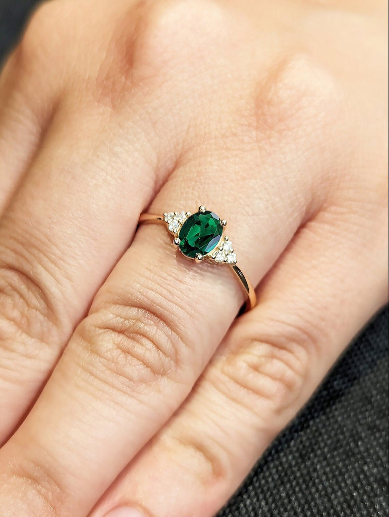 Vintage 1ct Lab Emerald Engagement Ring Oval Cut | Antique 14K 18K Rose Gold Emerald Wedding Ring for Her | Woman Proposal Ring