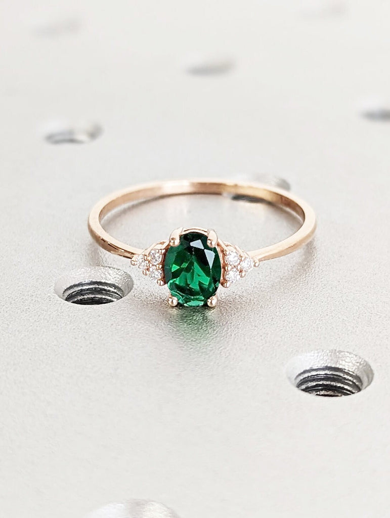 Green Lab Emerald Engagement Ring | Oval cut Emerald May Birthstone Ring | Art Deco Unique Multi Stone Diamond Ring | Rose Gold Promise Ring