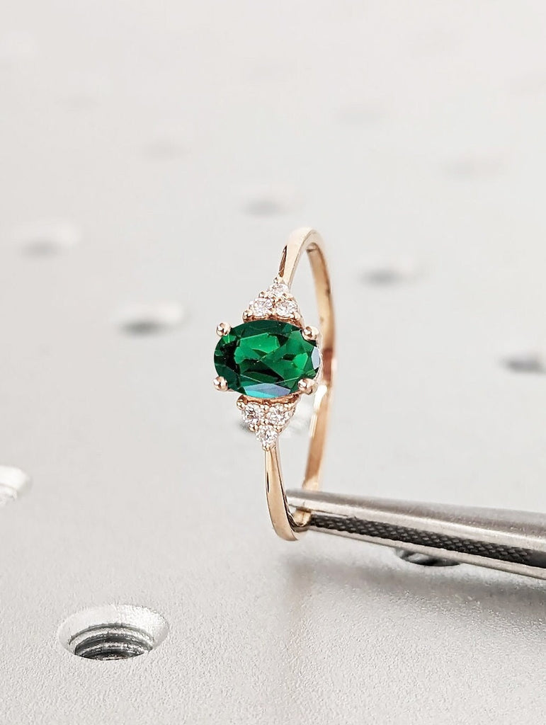 Green Lab Emerald Engagement Ring | Oval cut Emerald May Birthstone Ring | Art Deco Unique Multi Stone Diamond Ring | Rose Gold Promise Ring