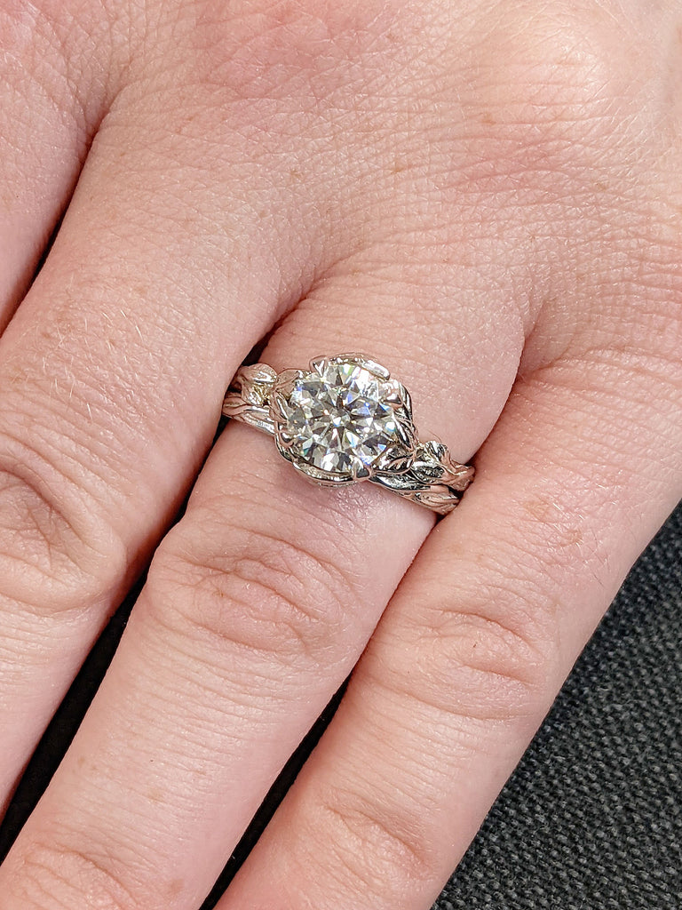 1.5ct Round cut Moissanite Promise Ring | Unique Floral Leaf Ring | Rustic Engagement Ring | Woman Wedding Ring Set