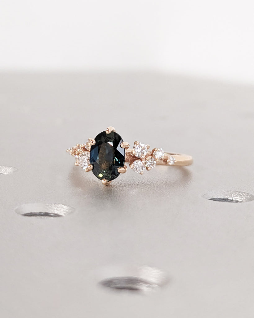 Blue Green sapphire ring. Peacock engagement ring. Oval Teal sapphire ring. 14k 18k rose gold engagement ring. Cluster diamond ring Art deco