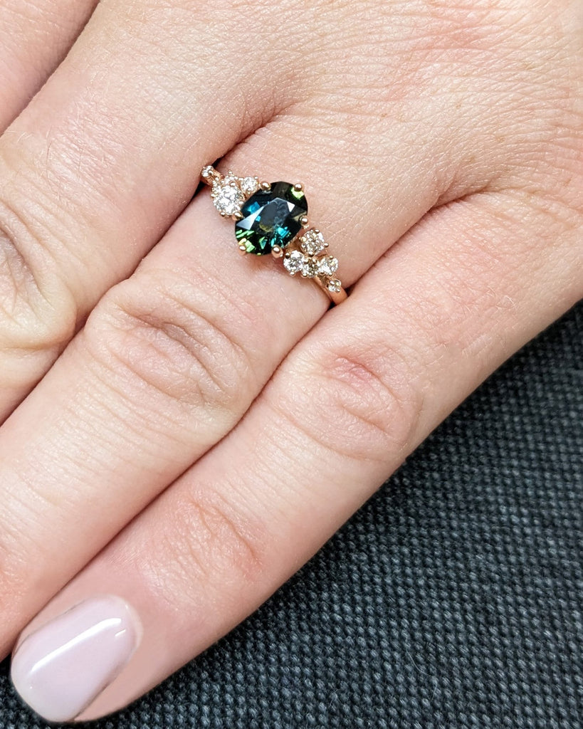 Blue Green sapphire ring. Peacock engagement ring. Oval Teal sapphire ring. 14k 18k rose gold engagement ring. Cluster diamond ring Art deco