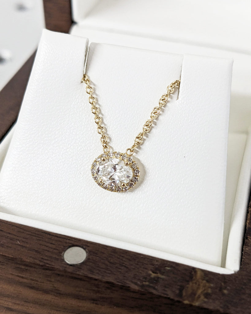 Amazing 0.5 Carat Oval Cut Lab Diamond Halo Chain Necklace, Full Halo With East West Set Anniversary Gift, Solid Gold Cable Chain Necklace