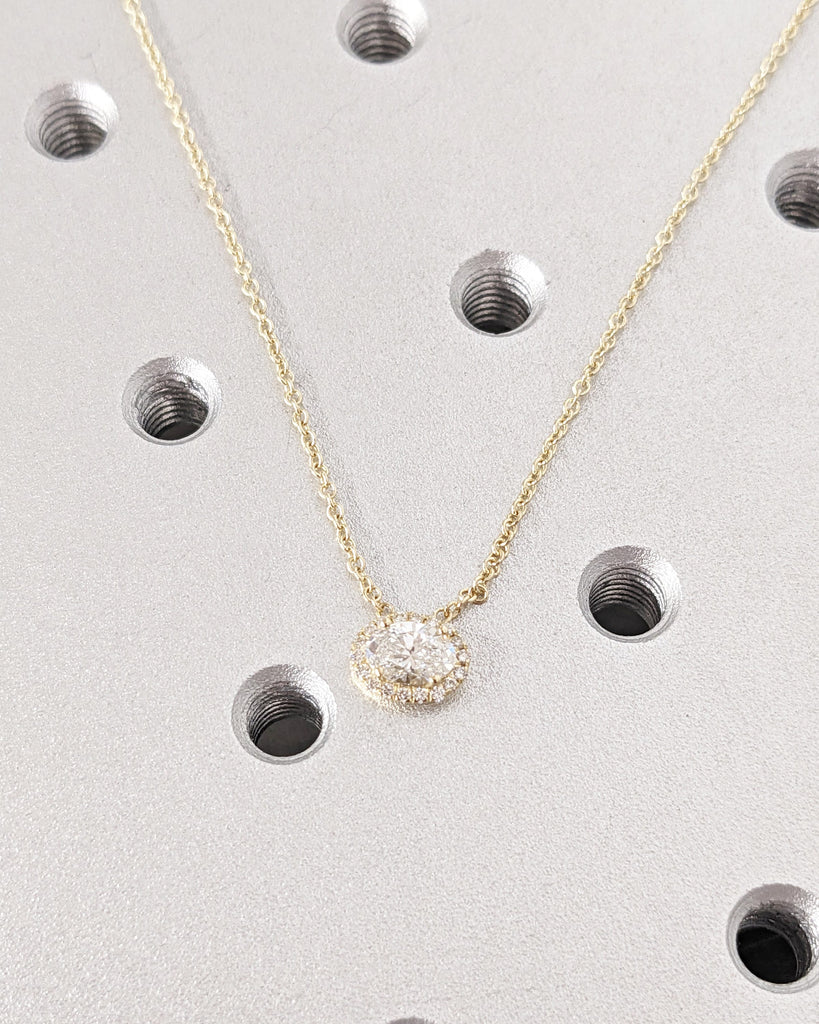 Amazing 0.5 Carat Oval Cut Lab Diamond Halo Chain Necklace, Full Halo With East West Set Anniversary Gift, Solid Gold Cable Chain Necklace