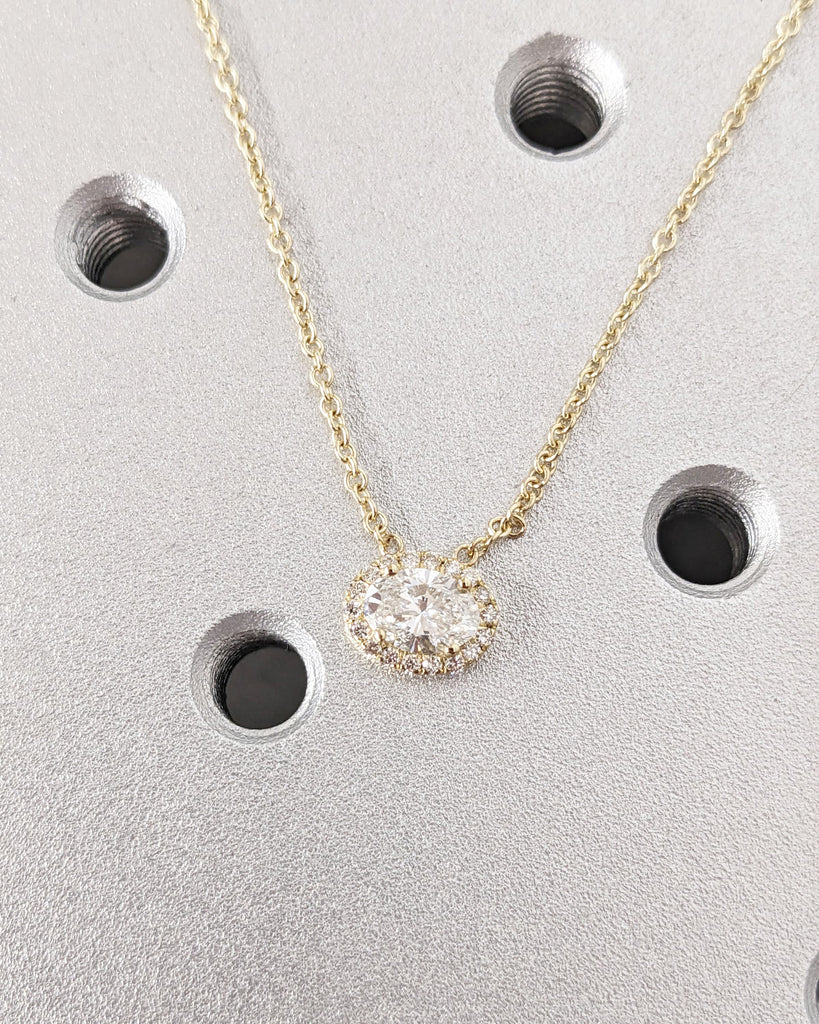 Amazing 0.5 Carat Oval Cut Moissanite Halo Chain Necklace, Full Halo With East West Set Anniversary Gift, Solid Gold Cable Chain Necklace