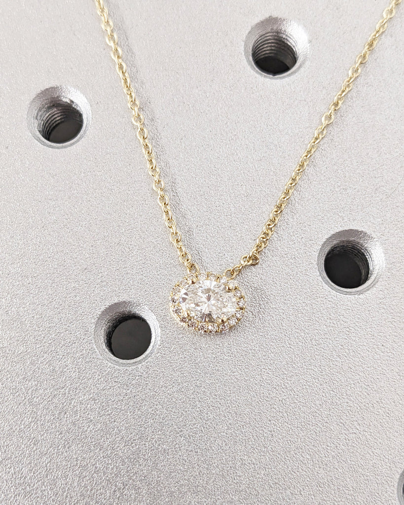 East West Oval Moissanite Solitaire Everyday Necklace | 14K Solid Gold Diamond Halo Pendant | Dainty Necklace | Anniversary Gift for Her