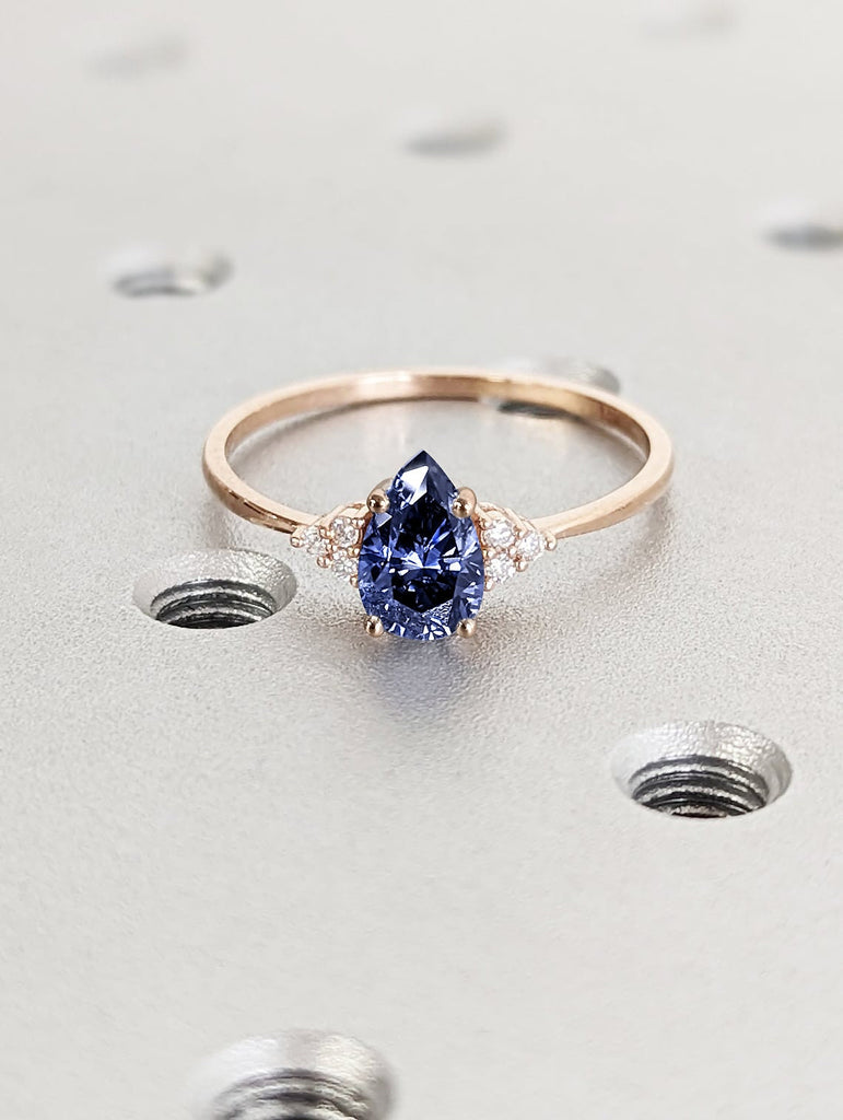 Pear Lab Sapphire Women Proposal Ring | 14K 18K Rose Gold Wedding Anniversary Ring | Royal Blue Sapphire September Birthstone Promise Ring