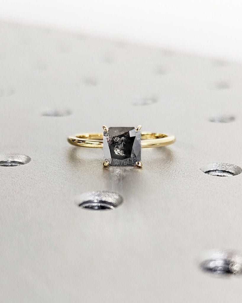 Dainty Princess Cut Engagement Ring | Salt and Pepper Diamond Princess Cut | Gold Promise Ring | 1.6mm Thin Band | Minimalist Solitaire Ring