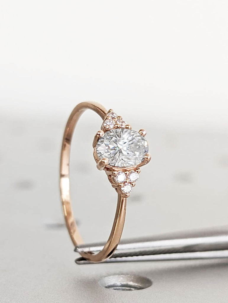 Art Deco Oval Moissanite Women Engagement Ring | 14K Rose Gold Diamond Ring | Unique Moissanite Cluster Anniversary Promise Ring for Her