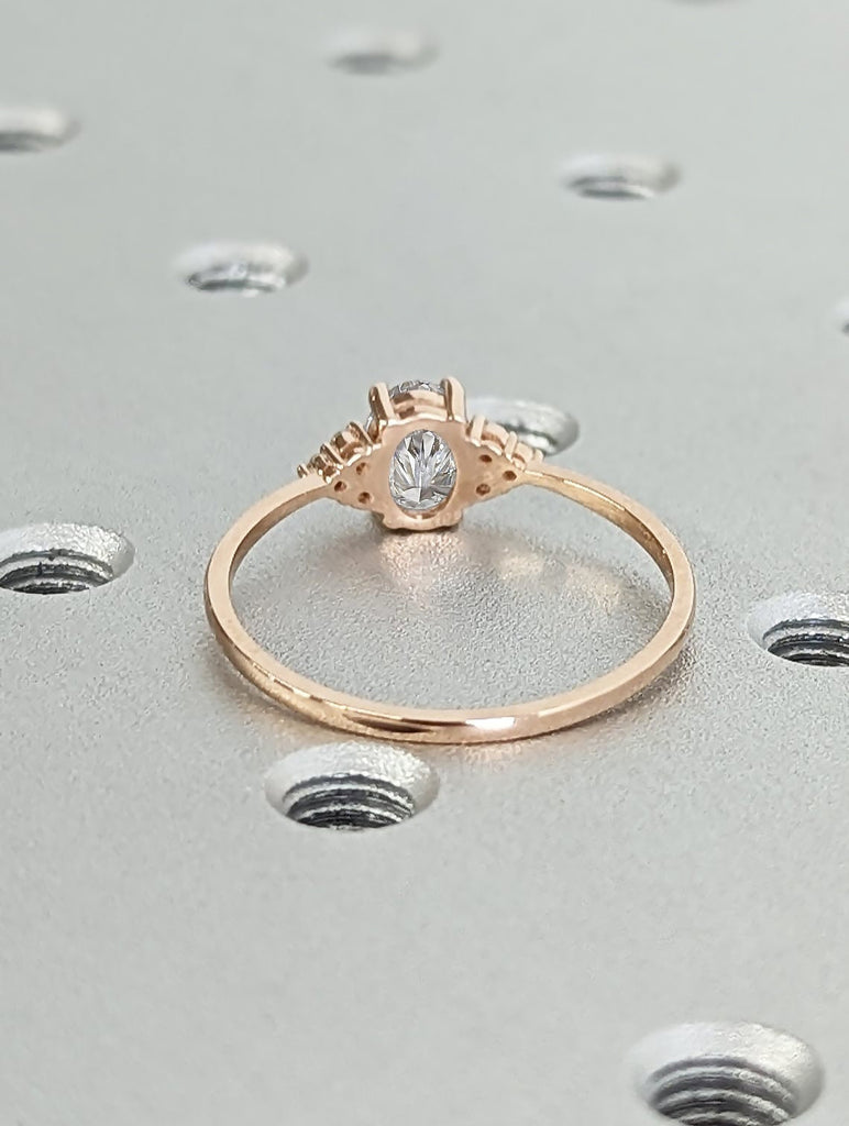 Art Deco Oval Moissanite Women Engagement Ring | 14K Rose Gold Diamond Ring | Unique Moissanite Cluster Anniversary Promise Ring for Her