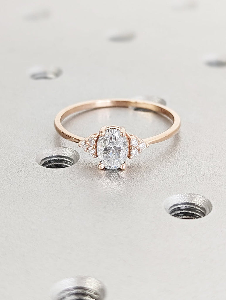 Art Deco Oval Moissanite Women Engagement Ring | 14K Rose Gold Diamond Ring | Unique Moissanite Cluster Anniversary Promise Ring for Her