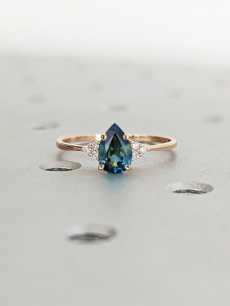 Tear Drop Shape Natural Peacock Sapphire Unique Promise Ring | Solid Gold, Platinum Women Engagement Ring | 1 Carat Ring