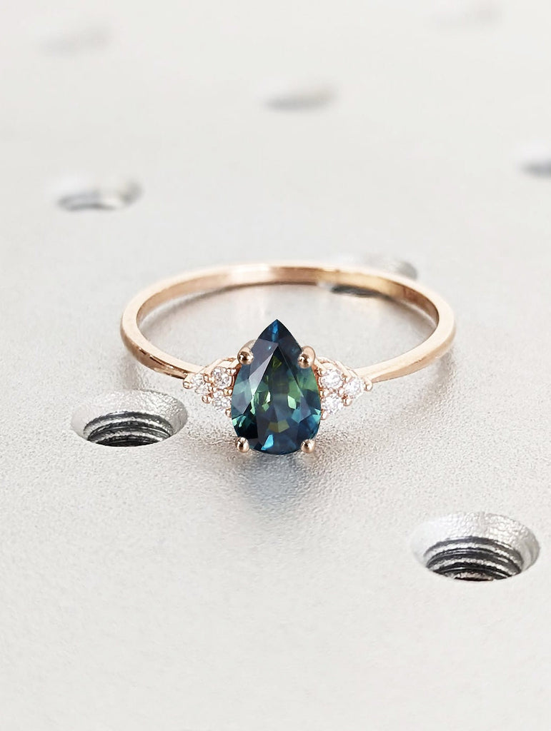 Art Deco Teal Sapphire Engagement Ring Pear Cut | Antique Rose Gold Peacock Sapphire Wedding Ring | Round Diamond Cluster Anniversary Ring