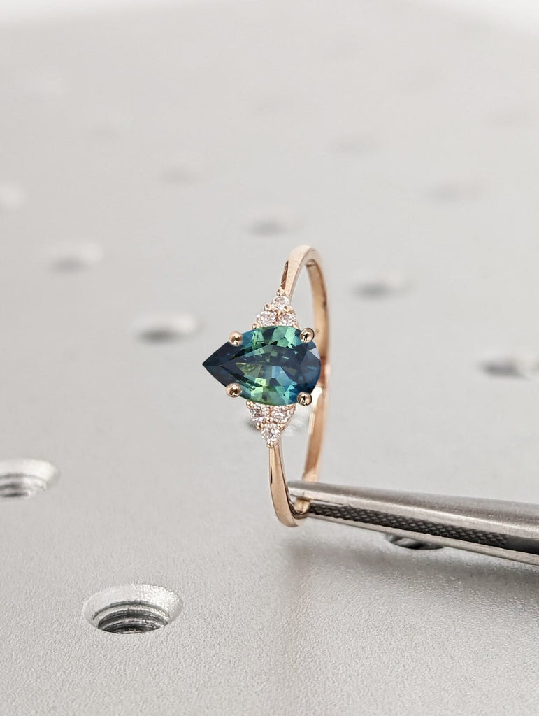 Art Deco Teal Sapphire Engagement Ring Pear Cut | Antique Rose Gold Peacock Sapphire Wedding Ring | Round Diamond Cluster Anniversary Ring