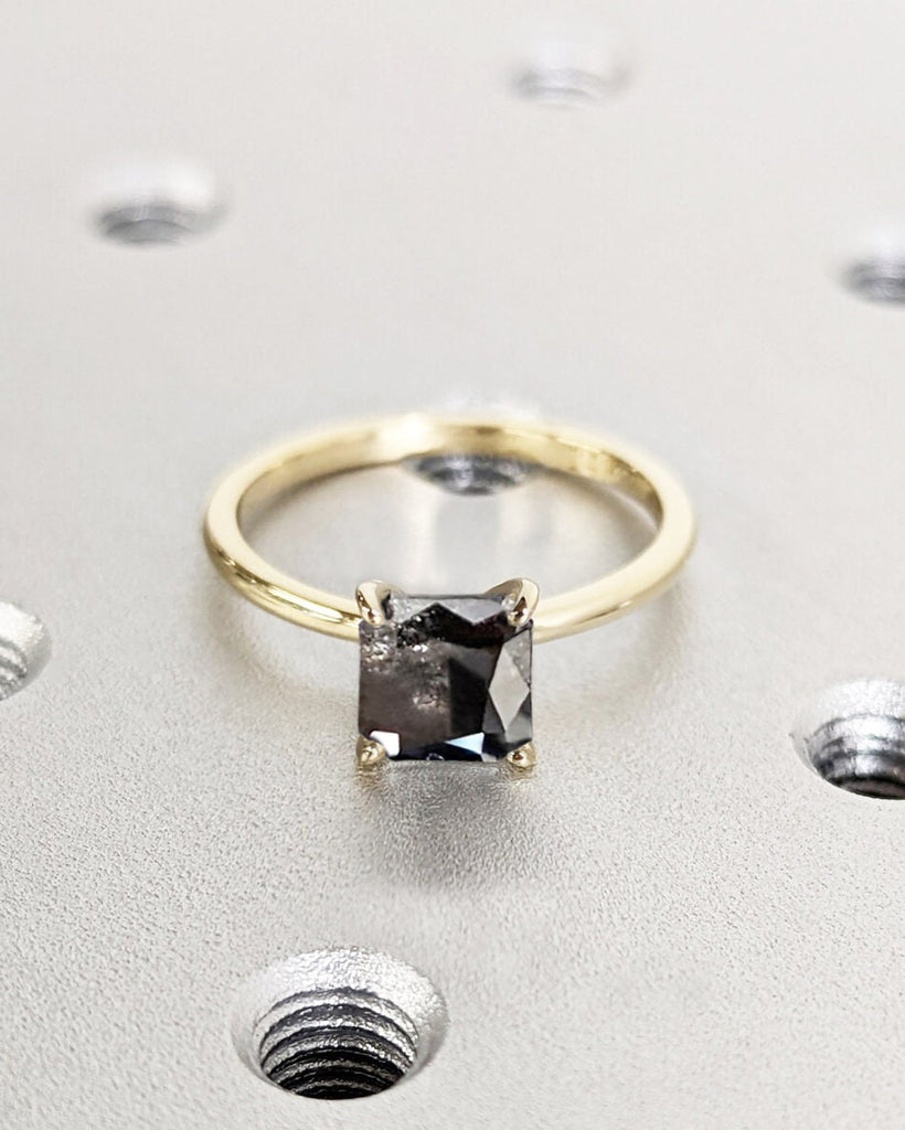 Princess Cut Salt and Pepper Diamond Ring | Dainty Princess Engagement Ring | Gold Engagement Ring | 4 Prong Solitaire Promise Ring For Her