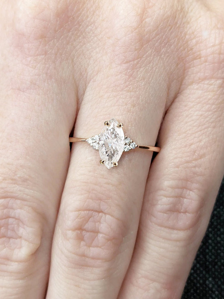 1ct Marquise cut Moissanite Solitaire Simple Promise Ring for Her | 14K 18K Rose Gold Diamond Cluster Unique Proposal Ring | Art Deco Woman Bridal Jewelry