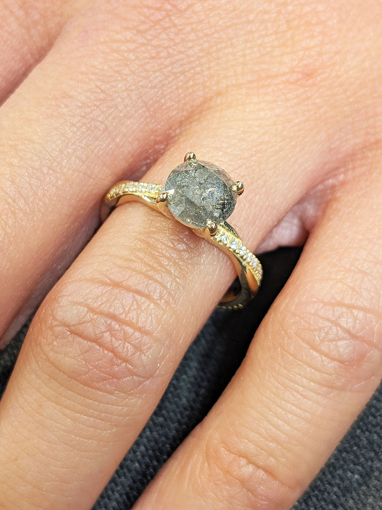 Salt and Pepper Diamond Engagement Rings for Women | 1.5, 2 Carat Diamond Ring | 14k Gold Round cut Eternity Ring | Unique Promise Ring