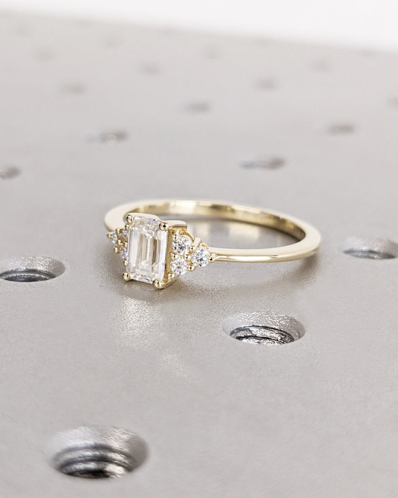 Emerald cut Moissanite engagement ring vintage yellow gold Round moissanite ring Cluster ring unique ring engagement ring Anniversary ring