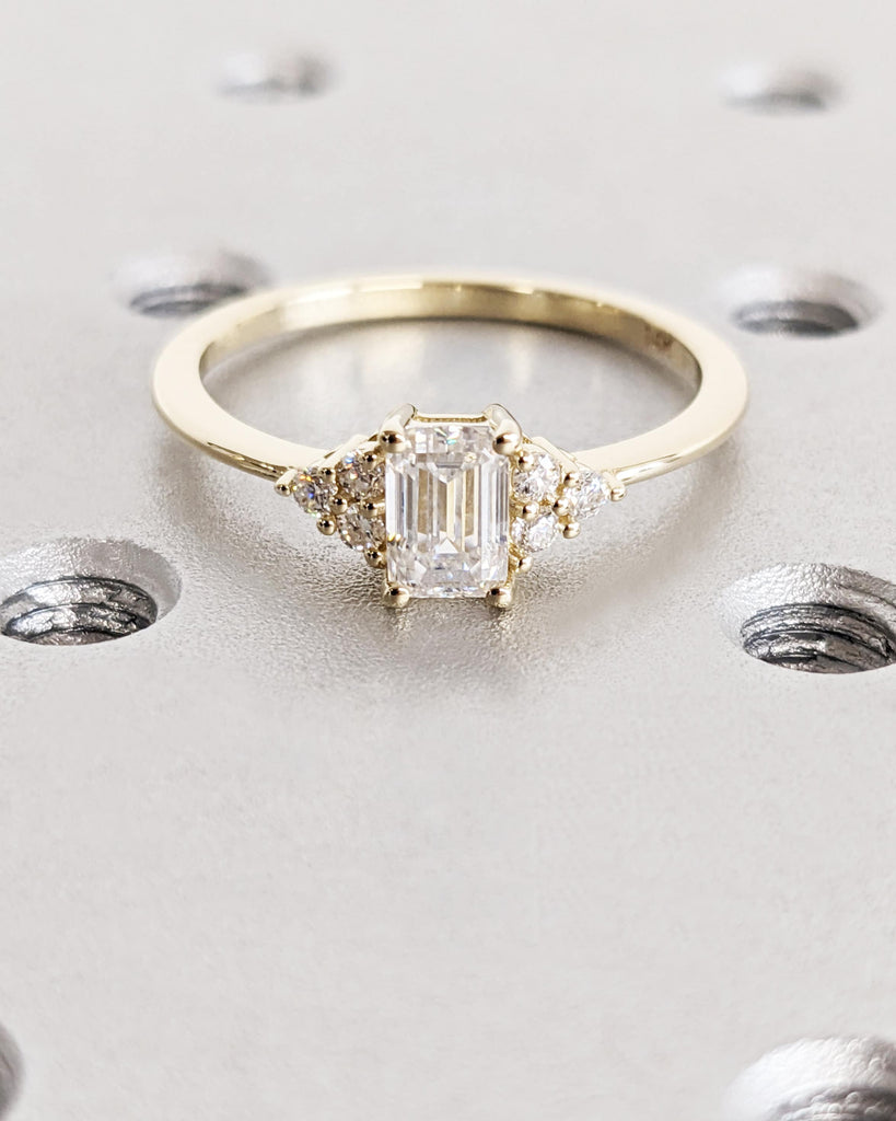 Emerald cut Moissanite engagement ring vintage yellow gold Round moissanite ring Cluster ring unique ring engagement ring Anniversary ring