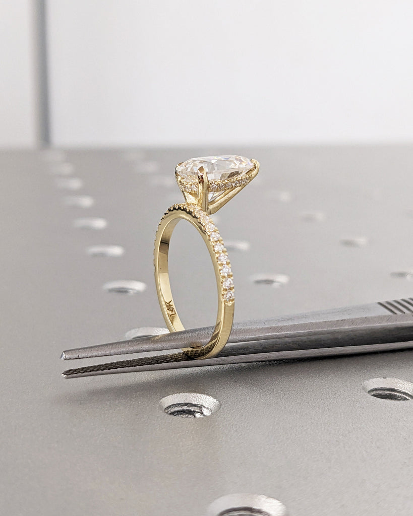 Pear cut Moissate Solitaire Engagement Ring | 14k Yellow Gold Lab Diamond Eternity Band | Unique Promise Anniversary Ring | Talon Prong Ring