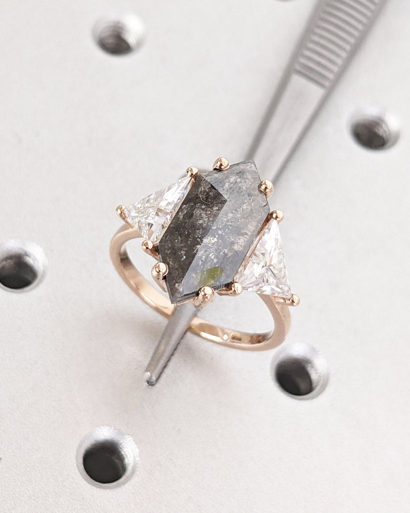 2.5ct Engagement Ring in 14k Rose Gold | Elongated Hexagon cut Black Diamond Gold Ring for Her | Unique Proposal Ring