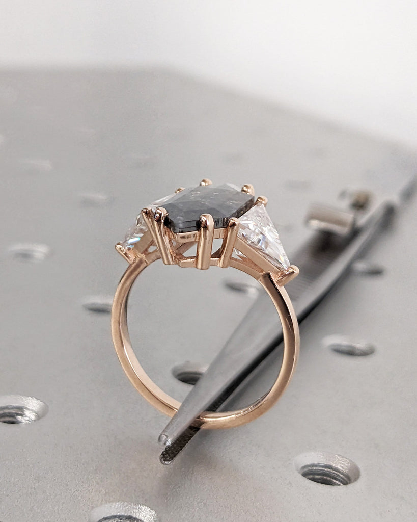 2.5ct Natural Grey Diamond Salt and Pepper Engagement Ring | Elongated Hexagon cut Ring | 14k Rose Gold Rings for Women | Triangle Diamond
