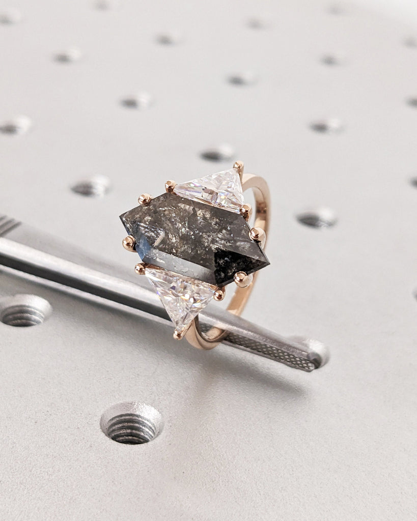 Hexagon and Triangle cut Diamond Engagement Ring | Raw Salt and Pepper Galaxy Diamond 2.5 Carat Wedding Ring