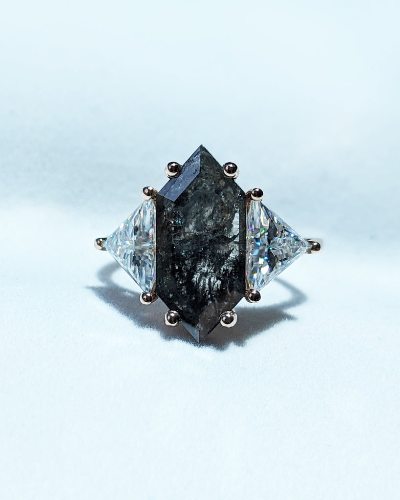 Unique Engagement Ring with Geometrical Shape Grey Diamond | Real Rose Gold Diamond Promise Ring | Hexagon cut Diamond Wedding Ring for Her