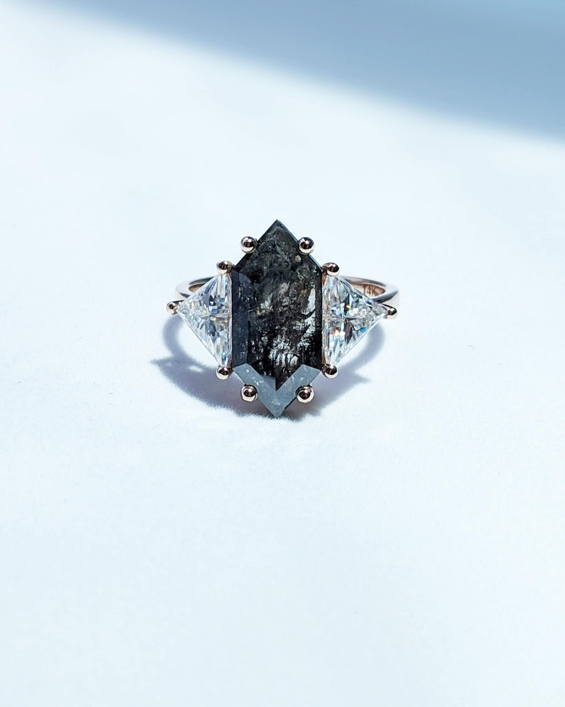 2.5ct Natural Grey Diamond Salt and Pepper Engagement Ring | Elongated Hexagon cut Ring | 14k Rose Gold Rings for Women | Triangle Diamond