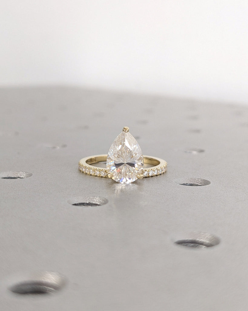 Pear cut Moissate Solitaire Engagement Ring | 14k Yellow Gold Lab Diamond Eternity Band | Unique Promise Anniversary Ring | Talon Prong Ring