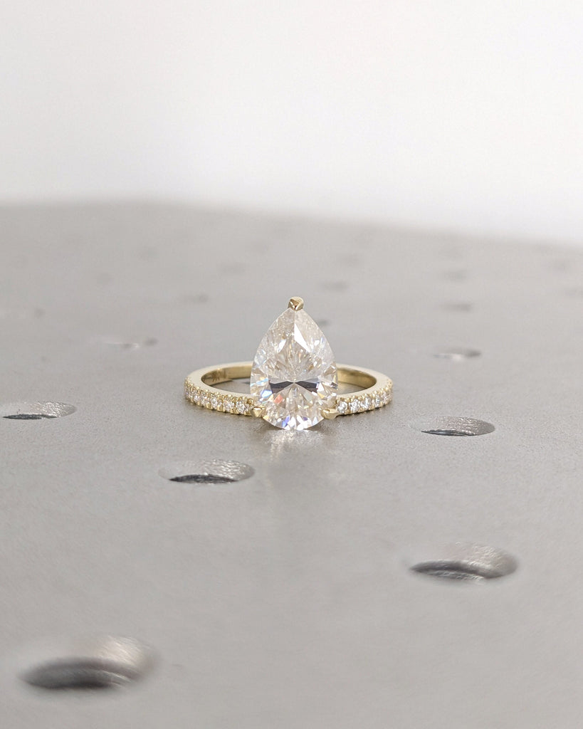 Pear cut Moissate Solitaire Engagement Ring | 14k Yellow Gold Lab Diamond Eternity Band | Unique Promise Anniversary Ring | Talon Prong Ring