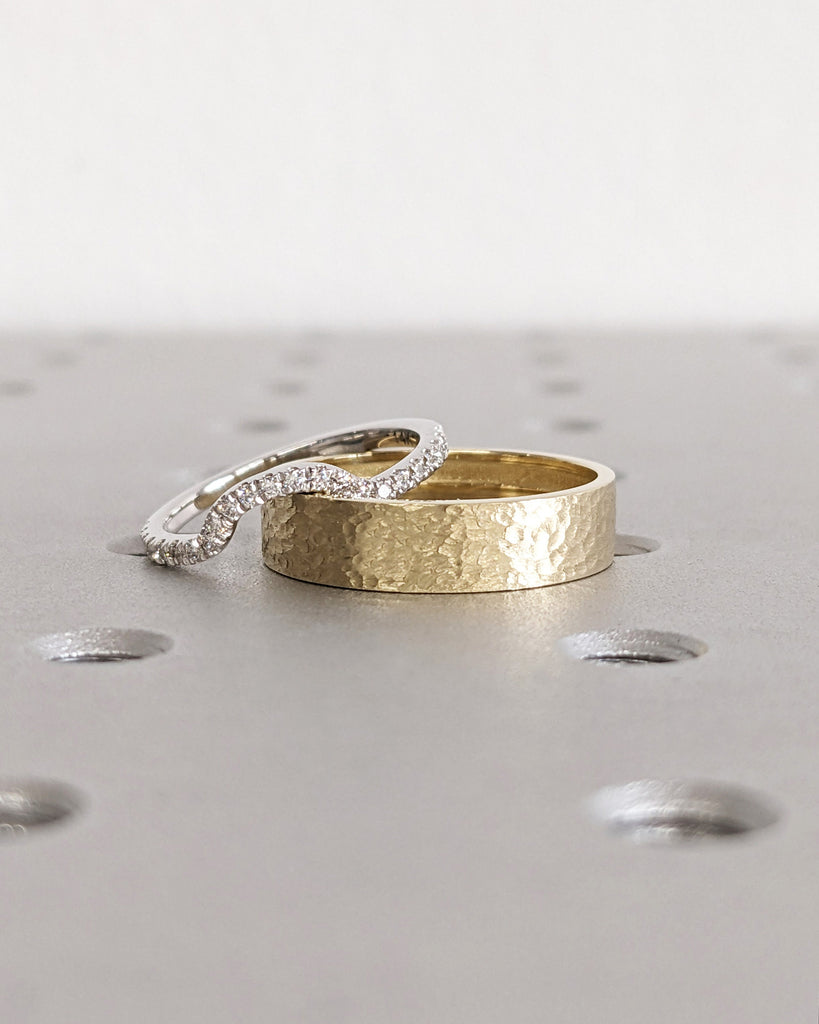 Natural Diamond Ring Couples Ring Set- His and Hers Matching Wedding Bands- 14K Gold- Wedding Ring Matching Promise Ring- Hammered- Brushed