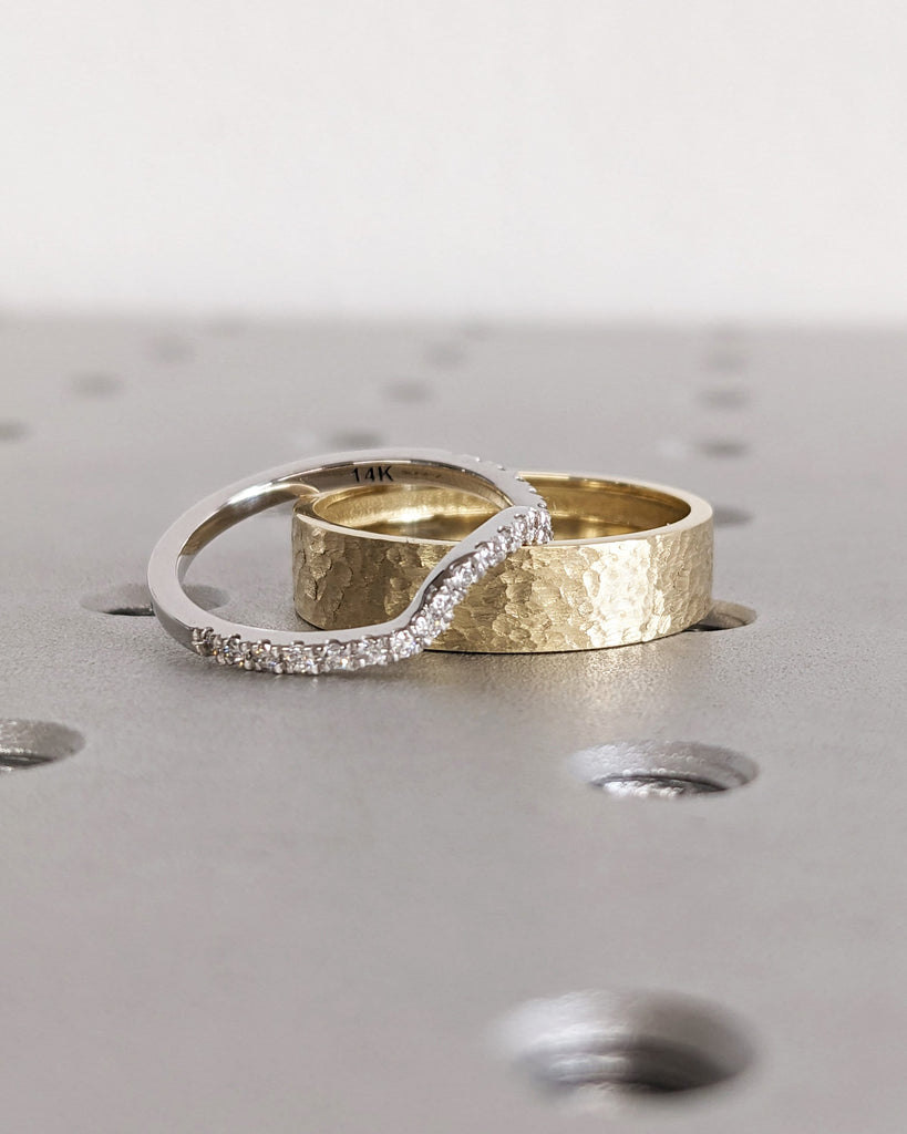 Natural Diamond Ring Couples Ring Set- His and Hers Matching Wedding Bands- 14K Gold- Wedding Ring Matching Promise Ring- Hammered- Brushed